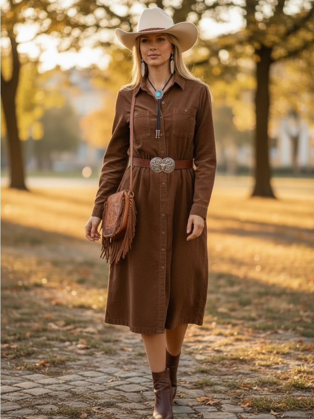 Vintage Western Brown Corduroy Button Down Long Sleeve Waist Tie Chic Midi Dress